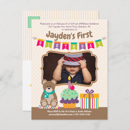 ハッピー1歳のテディベアカップケーキバンティング写真 インビテーションポストカード (正面/裏面)
