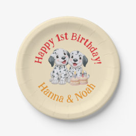 ハッピー1歳の誕生日おめでとう 双子、ニュートラル、子犬 ペーパープレート