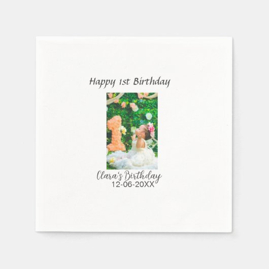 ハッピー1歳の誕生日の写真シンプルのエレガントCutemodern スタンダードカクテルナプキン (正面)