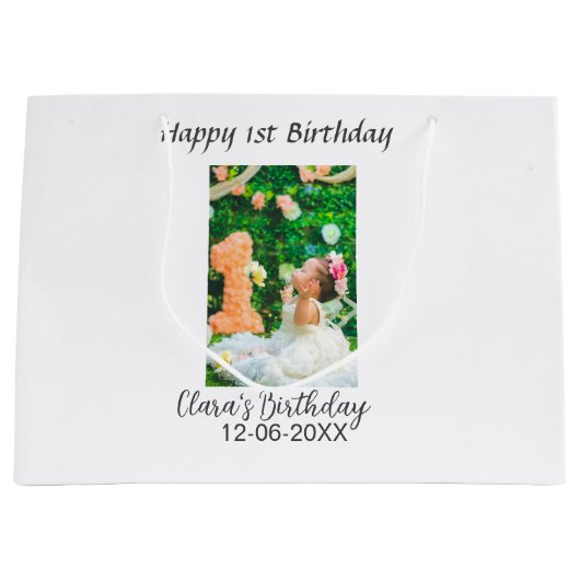 ハッピー1歳の誕生日の写真シンプルのエレガントCutemodern ラージペーパーバッグ (正面)