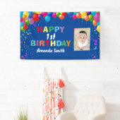 ハッピー1歳の誕生日バルーンカラフルブルー 横断幕 (インサイチュ)