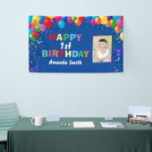 ハッピー1歳の誕生日バルーンカラフルブルー 横断幕 (トレードショー)