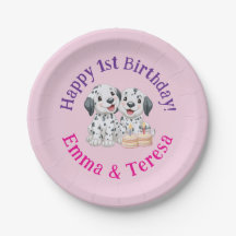ハッピー1歳の誕生日パーティー双子の女の子、子犬