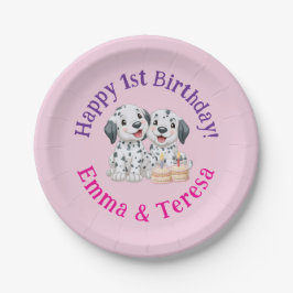 ハッピー1歳の誕生日パーティー双子の女の子、子犬 ペーパープレート