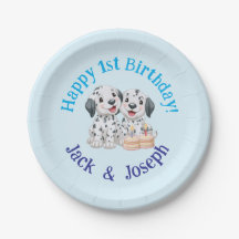 ハッピー1歳の誕生日パーティー双子の男の子、かわいい子犬