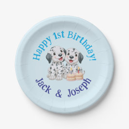 ハッピー1歳の誕生日パーティー双子の男の子、かわいい子犬 ペーパープレート
