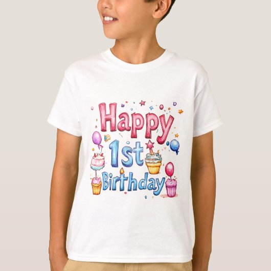 ハッピー1歳の誕生日 – カラフルイラストレーションデザイン Tシャツ (正面)