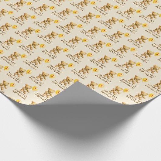 ハッピー1歳の誕生日、クマユニセックスファースト誕生日 ラッピングペーパー (角)