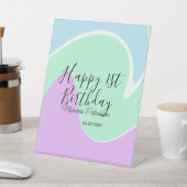 ハッピー1歳の誕生日 ピンク グリーン ブルー アクリルポア 台座サイン (インサイチュ)