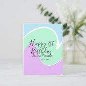 ハッピー1歳誕生日 ピンク グリーン ブルー アクリル流し ポストカード (スタンド正面)