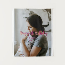 ハッピー1歳誕生日 子供 赤ちゃん ママ オレンジ スタイ タペストリー