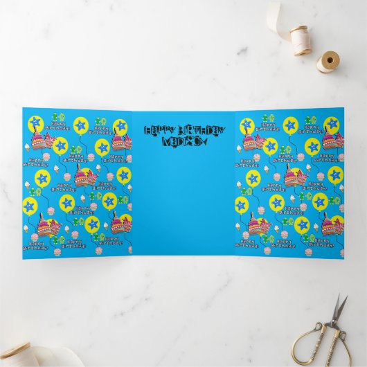 ハッピー10誕生日カード、#10青&黄 三つ折りカード (内部)