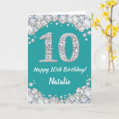 ハッピー10誕生日ティール(緑がかった色)とシルバーグリッターカード カード (黄色い花)