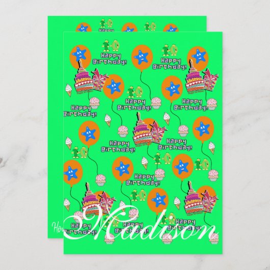 ハッピー10誕生日招待状誕生日#10緑 招待状 (正面/裏面)