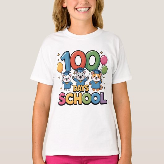 ハッピー100日目の学校Tシャツ | かわいい学校のセル Tシャツ (正面)