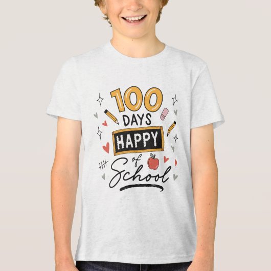 ハッピー100日目を迎えた先生 幼稚園 トライブレンドTシャツ (正面)