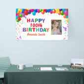 ハッピー100誕生日カラフルバルーン白 横断幕 (トレードショー)