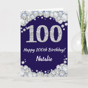 ハッピー100誕生日ネイビーブルー&シルバーグリッター カード