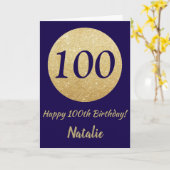 ハッピー100誕生日ネイビーブルー&金ゴールドグリッター カード (黄色い花)