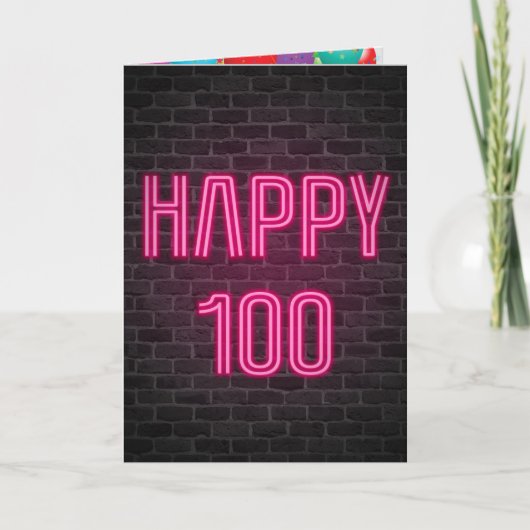 ハッピー100誕生日ネオンサインオンブリック カード (正面)