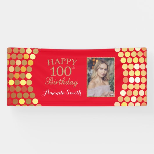 ハッピー100誕生日バナーレッドと金ゴールド写真 横断幕 (横)