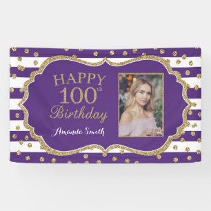 ハッピー100誕生日バナー紫金ゴールド写真 横断幕