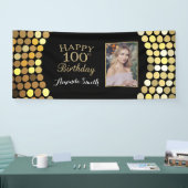 ハッピー100誕生日バナー。金ゴールドグリッター写真 横断幕 (トレードショー)
