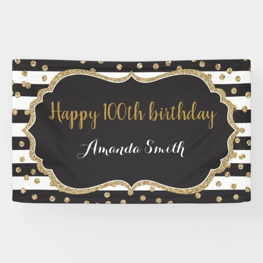 ハッピー100誕生日バナー。金ゴールドグリッター紙吹雪 横断幕 (横)