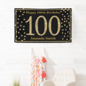 ハッピー100誕生日バナー(黒と金ゴールド)グリッター 横断幕 (インサイチュ)