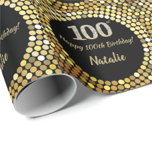ハッピー100誕生日ブラック&金ゴールドグリッター ラッピングペーパー
