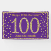 ハッピー100th誕生日バナーパープル金ゴールドグリッター 横断幕 (横)