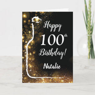ハッピー100th誕生日ブラックアンド金ゴールドグリッターワイン カード