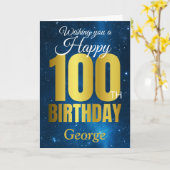 ハッピー100th誕生日ブルー金ゴールド カード (黄色い花)