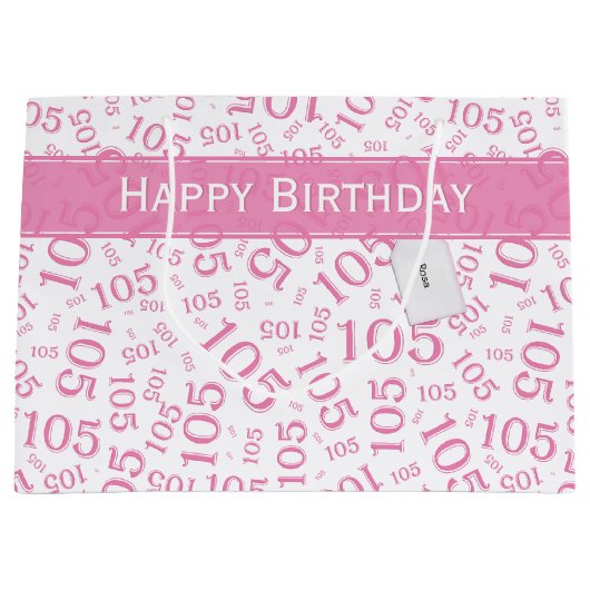 ハッピー105誕生日ピンクと白のナンバーパターン ラージペーパーバッグ (正面)