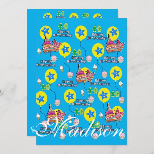 ハッピー10th誕生日招待状誕生日#10ブルー 招待状 (正面/裏面)