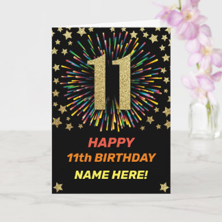 ハッピー11誕生日ブラック&金ゴールドレインボーファイアーワーク カード