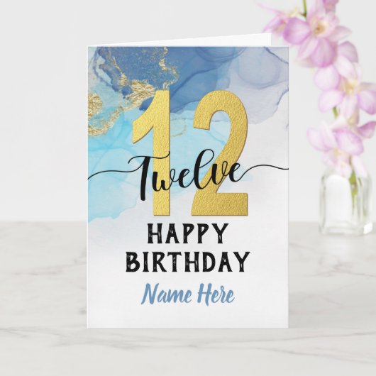 ハッピー12誕生日ウォーターカラーブルー&金ゴールドボーイ カード (蘭)