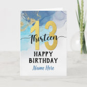 ハッピー13誕生日ウォーターカラーブルー&金ゴールドボーイ カード (正面)