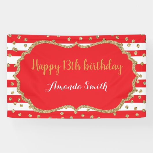 ハッピー13誕生日バナーレッド金ゴールドグリッター 横断幕 (横)
