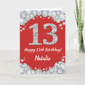 ハッピー13誕生日レッド&シルバーグリッターカード カード