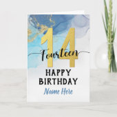 ハッピー14誕生日ウォーターカラーブルー&金ゴールドボーイ カード (正面)