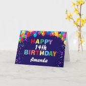 ハッピー14誕生日バカラフルルーンズネービーブルー カード (黄色い花)