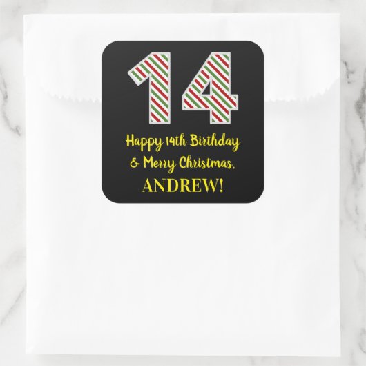 ハッピー14誕生日&メリークリスマス，名前をカスタムする スクエアシール (バッグ)