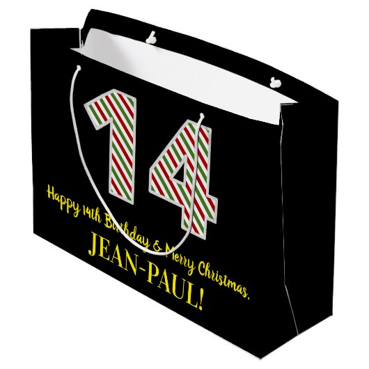 ハッピー14誕生日&メリークリスマス，名前をカスタムする ラージペーパーバッグ (裏面アングル)