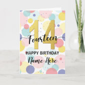 ハッピー14th誕生日パステルレインボー&金ゴールドガール カード (正面)