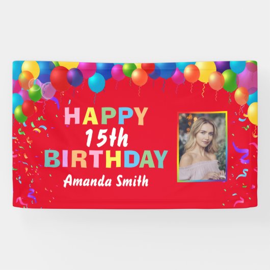 ハッピー15誕生日カラフルバルーン赤 横断幕 (横)