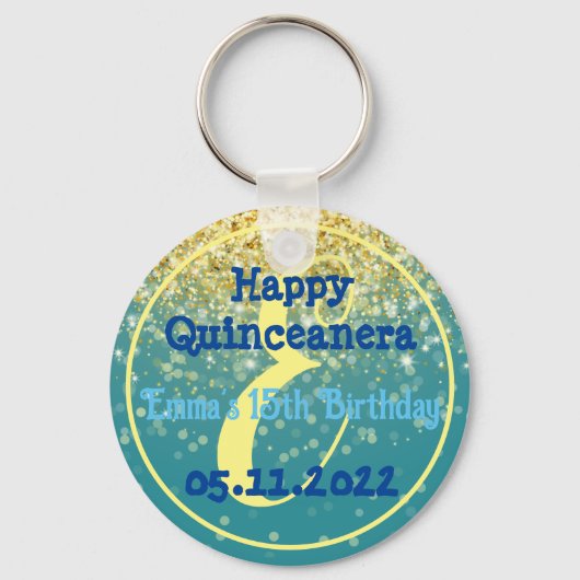 ハッピー15誕生日キンセアニェラパーティー金ゴールドグリッター キーホルダー (正面)