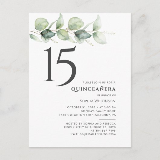 ハッピー15誕生日キンセアニェラユーカリ葉ス インビテーションポストカード (正面)