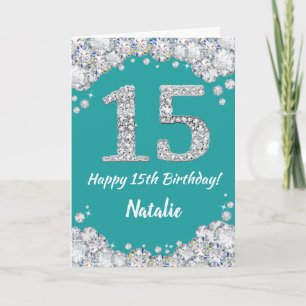 ハッピー15誕生日ティール(緑がかった色)とシルバーグリッターカード カード