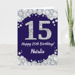 ハッピー15誕生日ネイビーブルー&シルバーグリッター カード